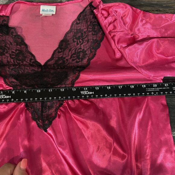 Vintage Y2K Womens Satin Nightgown Small Bright Pink Lace V Neck Long Line - Picture 8 of 11